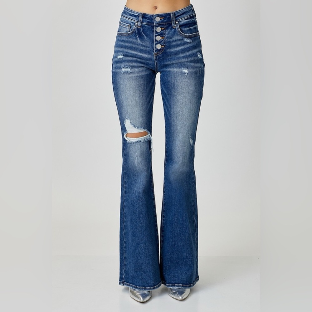 RISEN Distressed Button-Fly Flare Jeans - Picture 4 of 7